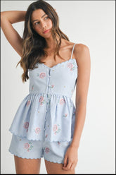 Stripe Embroidered Peplum Cami and Shorts Set Mable